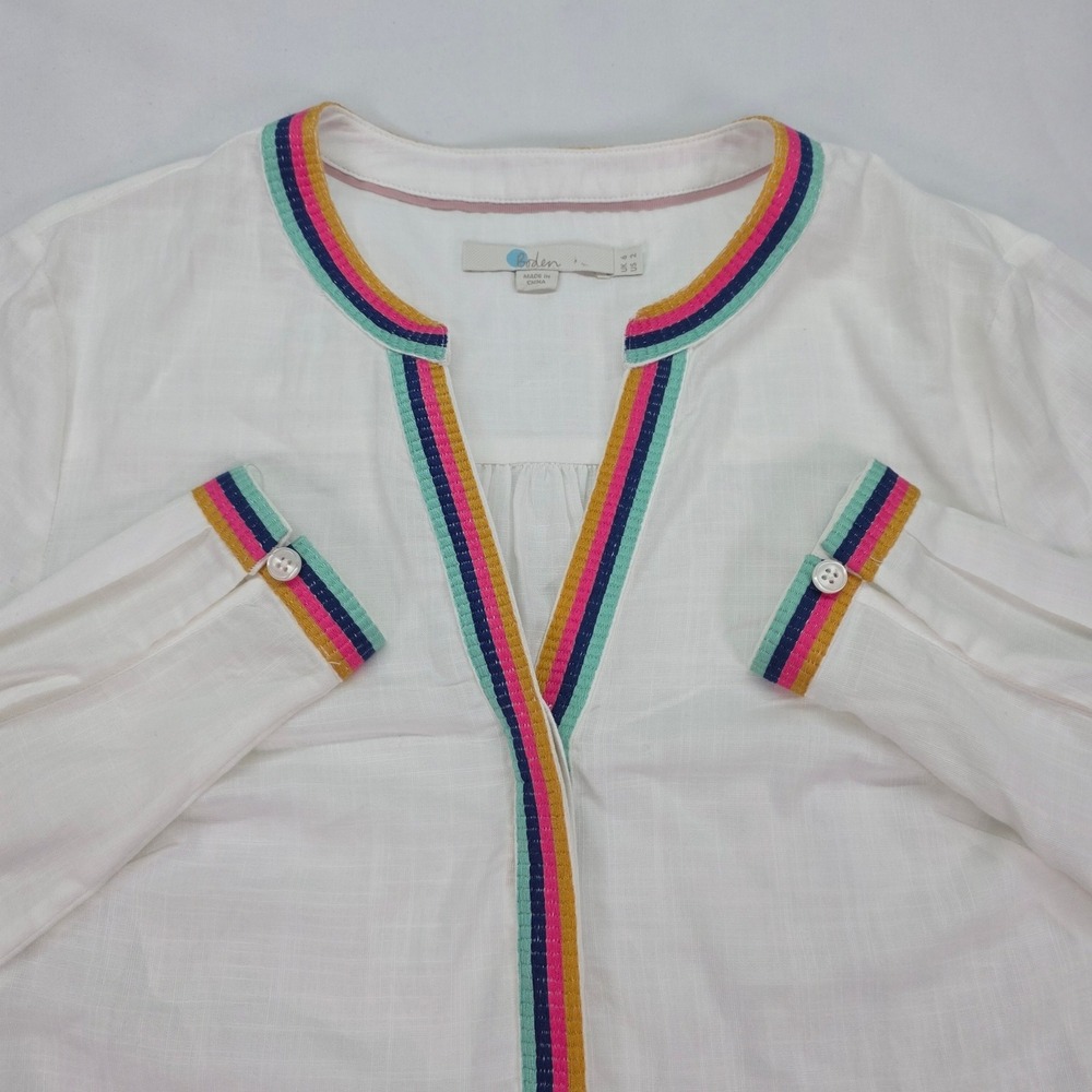 Boden White Long Sleeve Linen Rainbow‎ Trim Split Neck Blouse US 2 UK 6 NWOT
